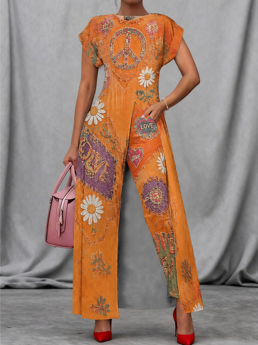 Retro Style Art Print Vintage Long Split Shirts Dress Skinny Pants Two-Piece Set